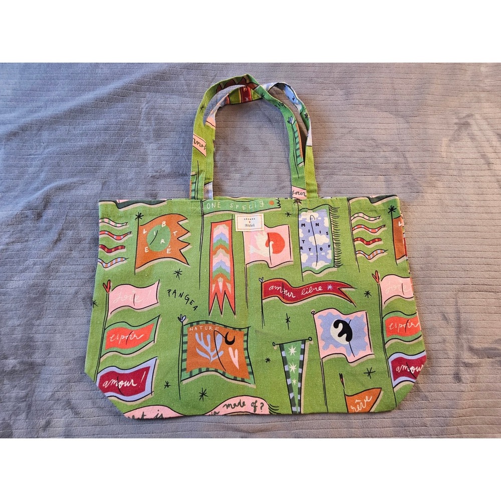 Sezane x Pangea Green Canvas Flag Print Tote Bag Limited Edition